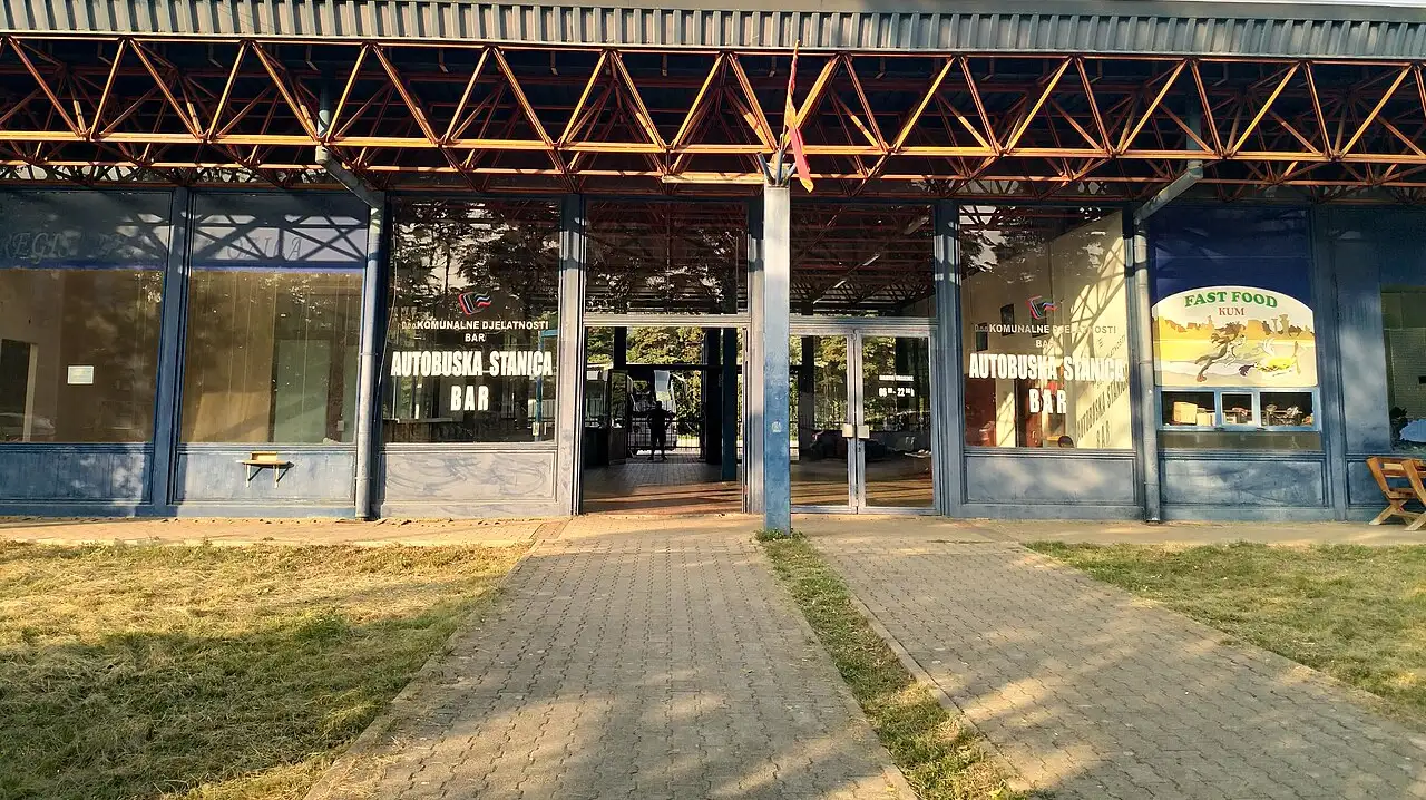 The bus station at Bar, Montenegro, with intercity coaches and the ticket hall