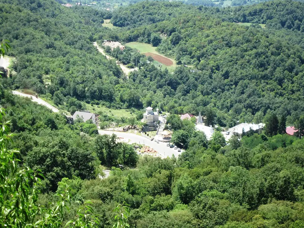 View down from Ostrog Monastery over the wooded valley and the lower monastery road