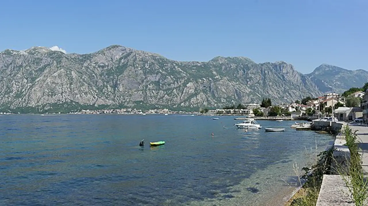 Wide view across the Bay of Kotor from Stoliv, Montenegro