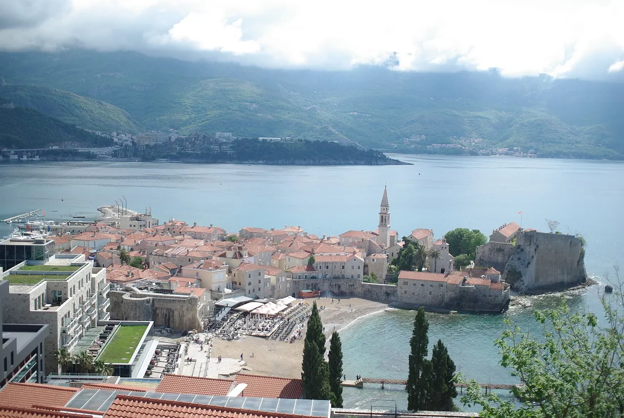 View over Budva Old Town rooftops, citadel and the Adriatic beyond
