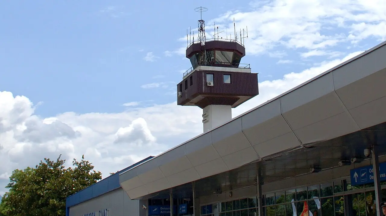 The control tower and arrivals canopy of Tivat Airport (TIV) on the Montenegrin coast