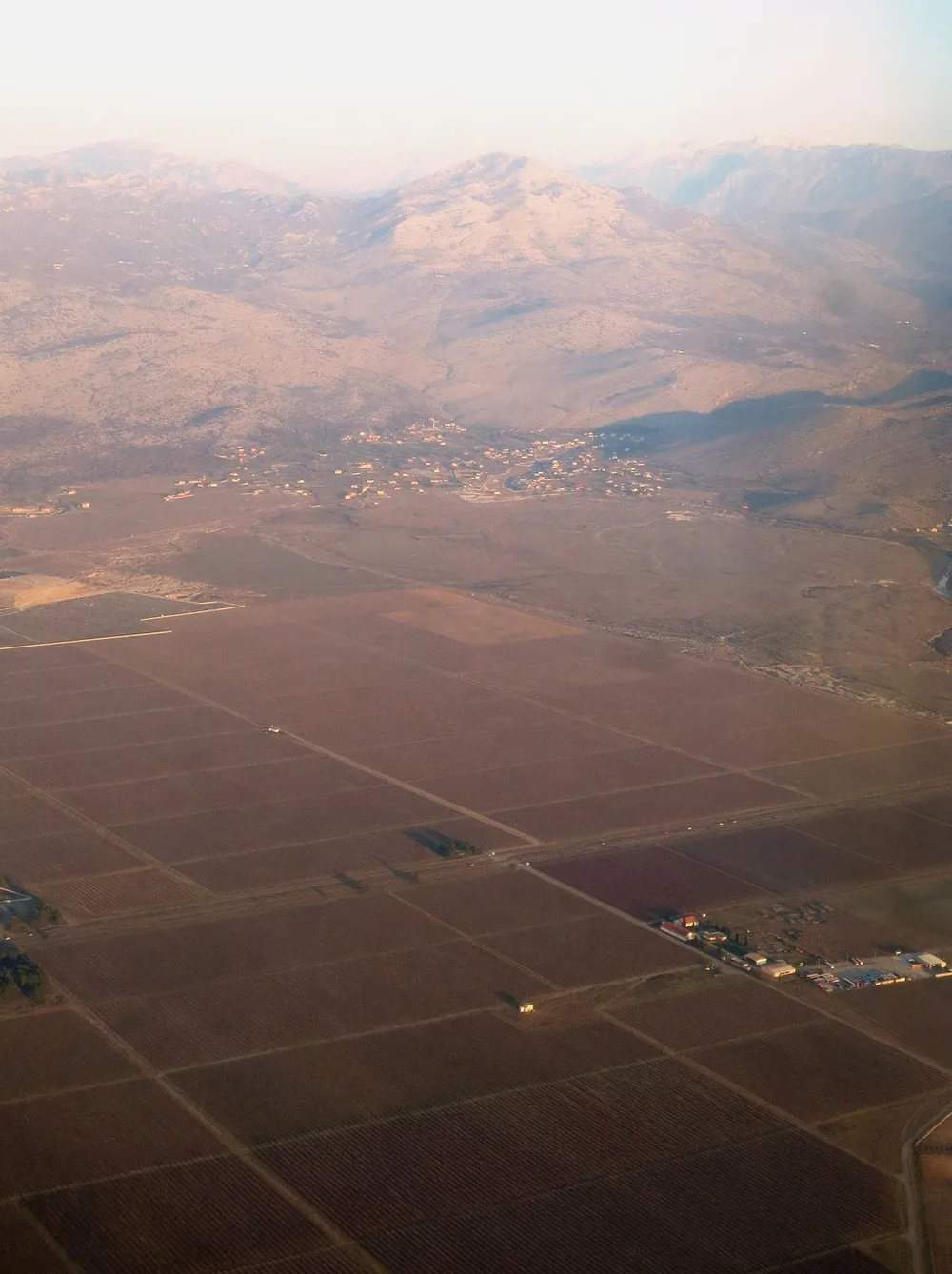 Aerial view of the vast Plantaže vineyards on the Ćemovsko polje plain near Podgorica
