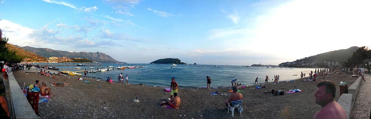 Panorama of Budva's beaches and old town along the Riviera coast