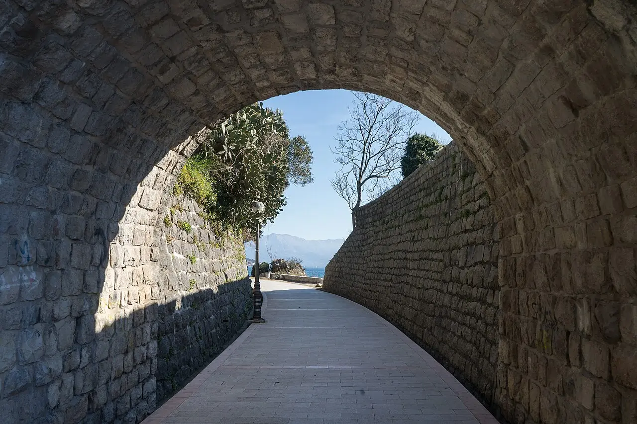 The seaside promenade at Herceg Novi with palms, the bay and mountains beyond
