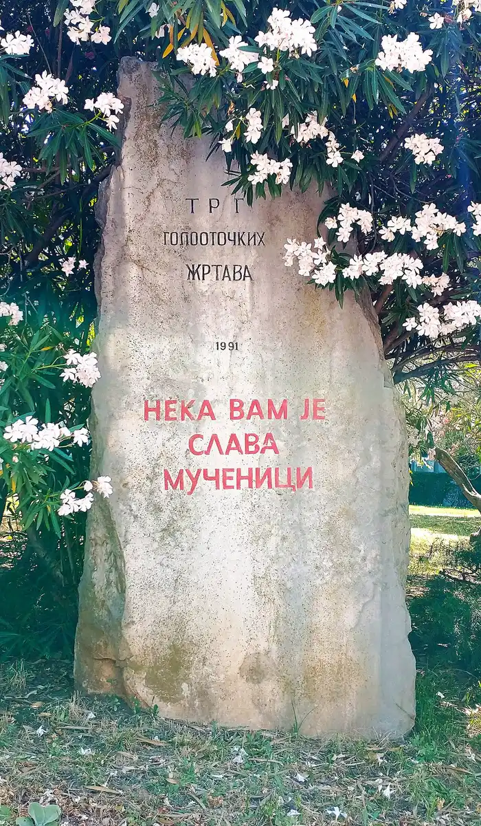 A stone memorial inscribed 'Trg golootočkih žrtava' surrounded by flowering oleander near Podgorica's bus and train stations