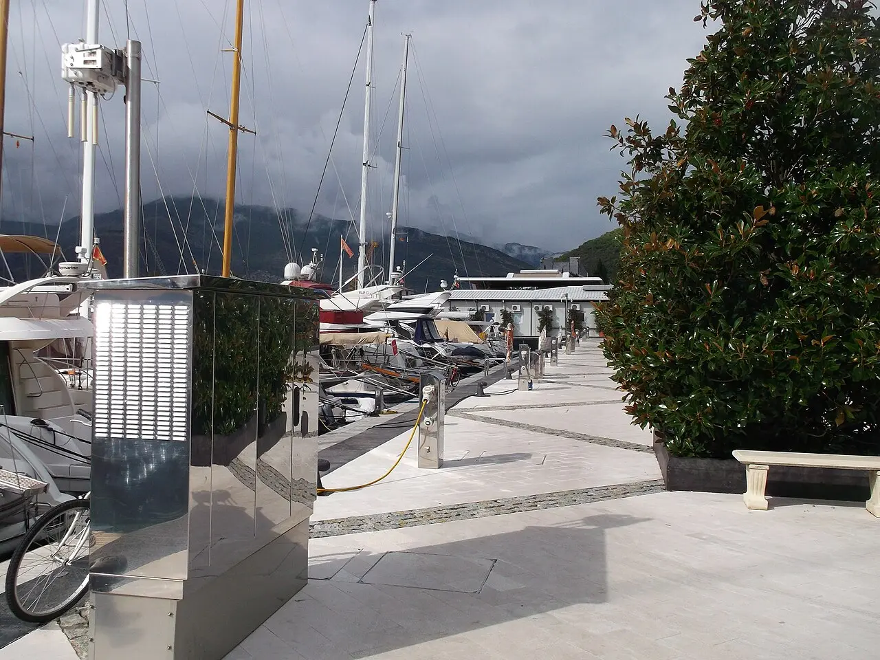 The Seljanovo waterfront in Tivat with apartment buildings facing the bay