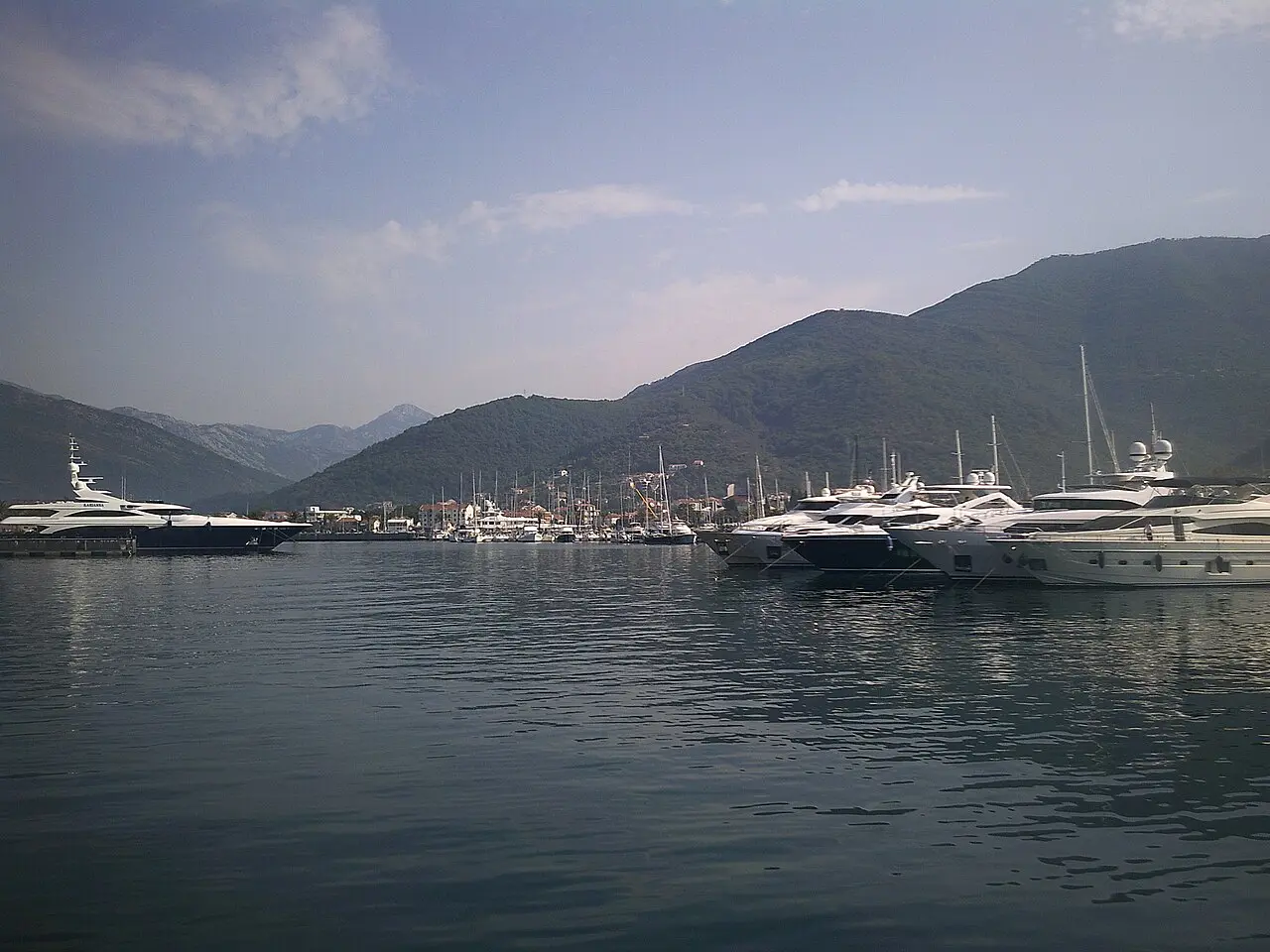 Buildings and palm-lined streets in central Tivat near the Bay of Kotor