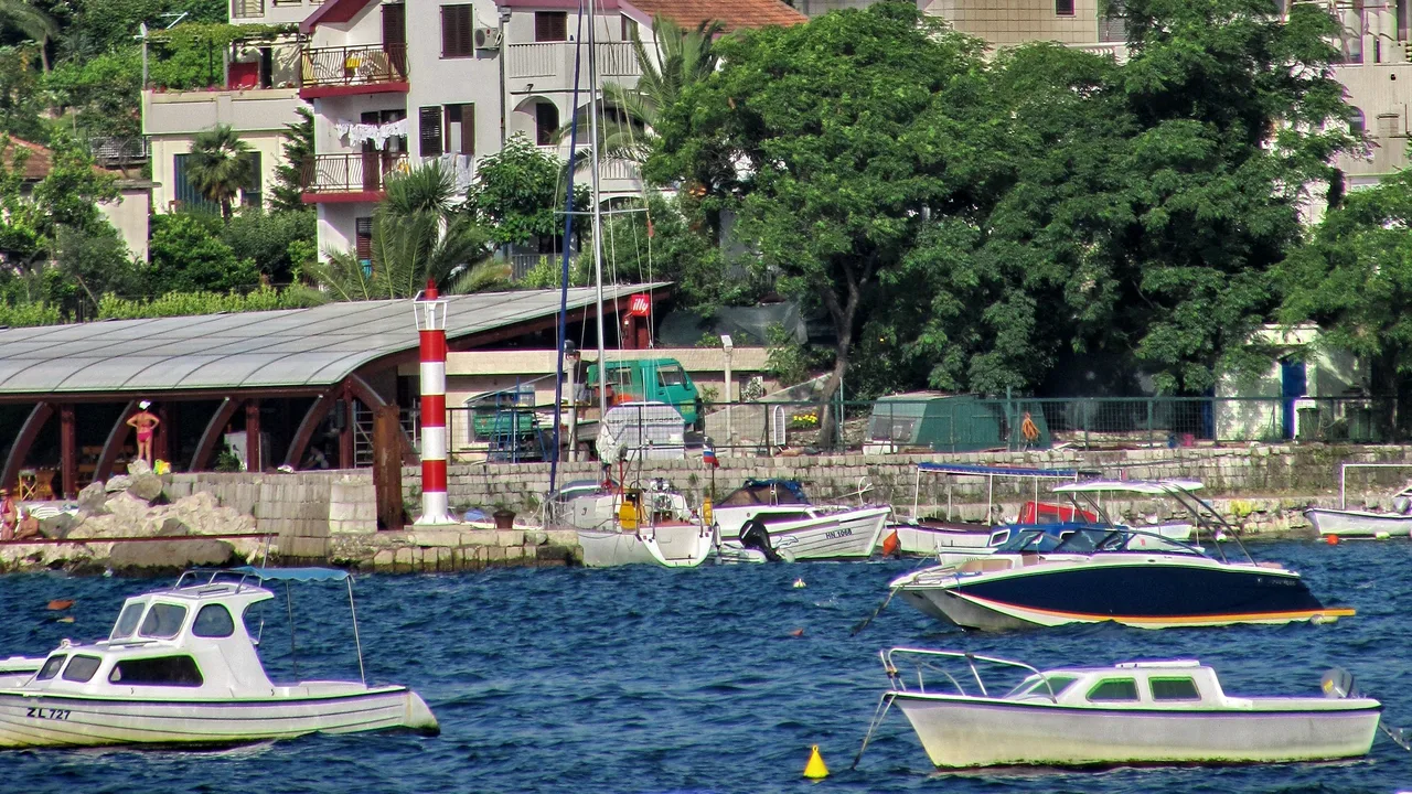 Meljine shoreline on the Bay of Kotor with hills behind